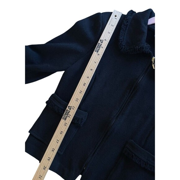 ST. JOHN CAVIAR KNIT FULL ZIP WOMENS FRINGED BLAZER BLACK CLASSY SZ 6 POCKETS - Picture 13 of 16